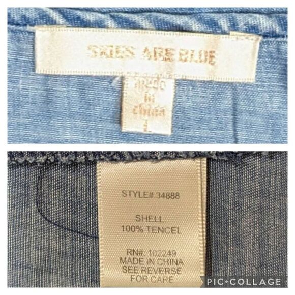 SKIES ARE BLUE Tank Top Blue Chambray Navy Embroidered Neckline Size M Women - Picture 8 of 9